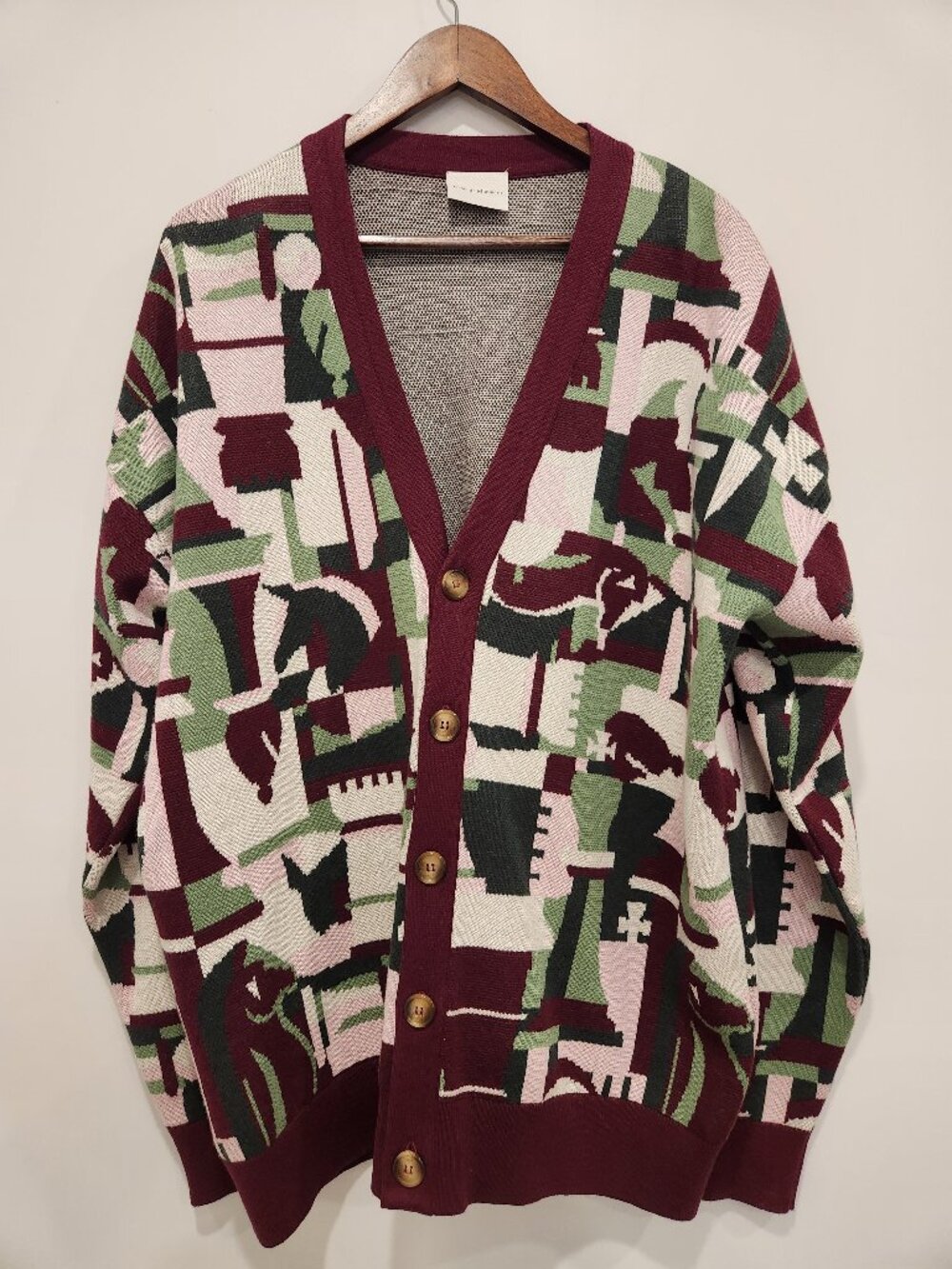 Drôle de Monsieur Chess Knit Cardigan - Pink/Burgundy Cotton Wool Blend (XL)
